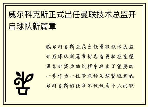 威尔科克斯正式出任曼联技术总监开启球队新篇章
